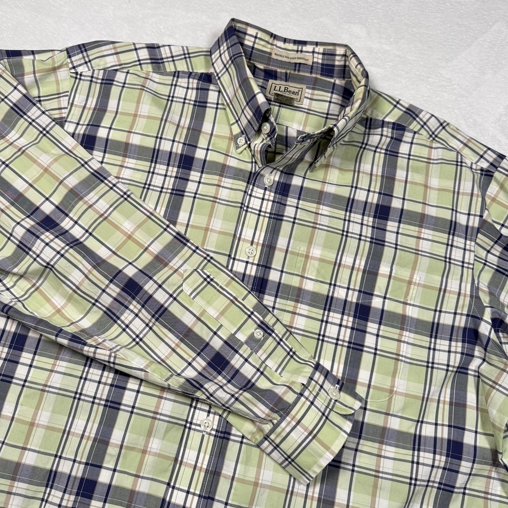 L.L.Bean Shirt Mens LT Green Plaid Wrinkle Resistant Button‎ Down Long Sleeve